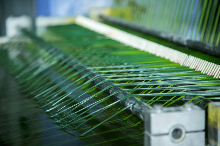 Hilos de fibra verde alimentando el telar
