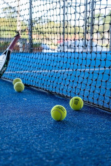 Pelotas junto a la red en una cancha de pádel